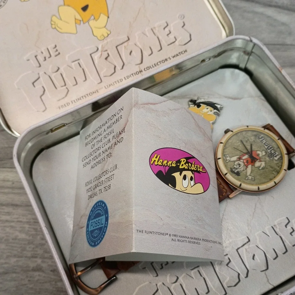 Vintage Fossil Fred Flintstone Watch Limited Edition Braided Strap & Tin 1993